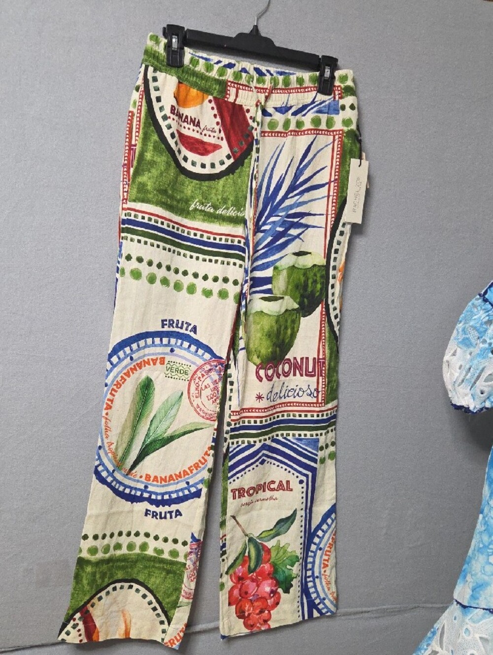 Rachel Zoe Tropical Fruit Print Wide-Leg Linen Pants NWT Farm Rio Style Xsmall - Picture 2 of 6